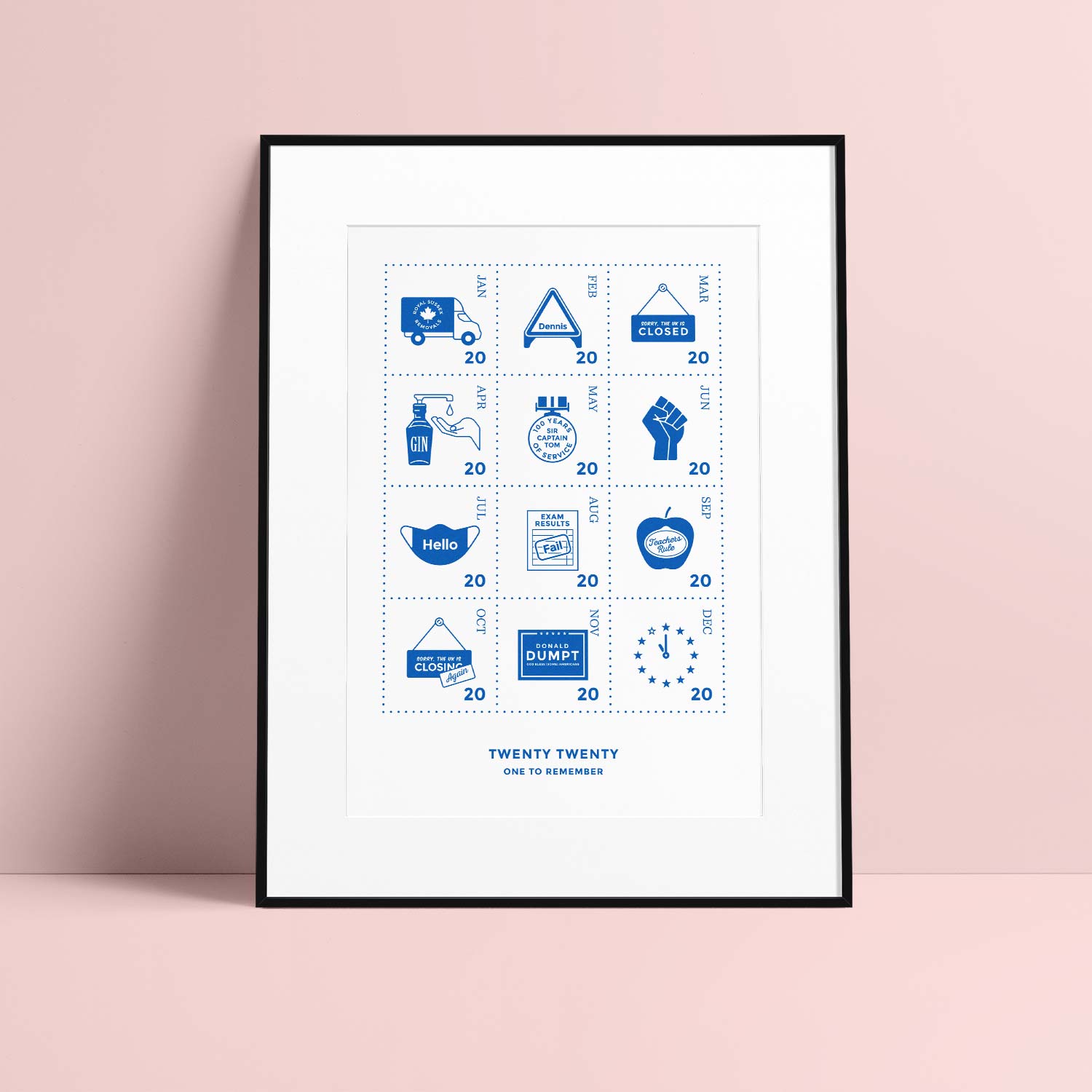 This image shows the blue coloured design mounted in a black frame.