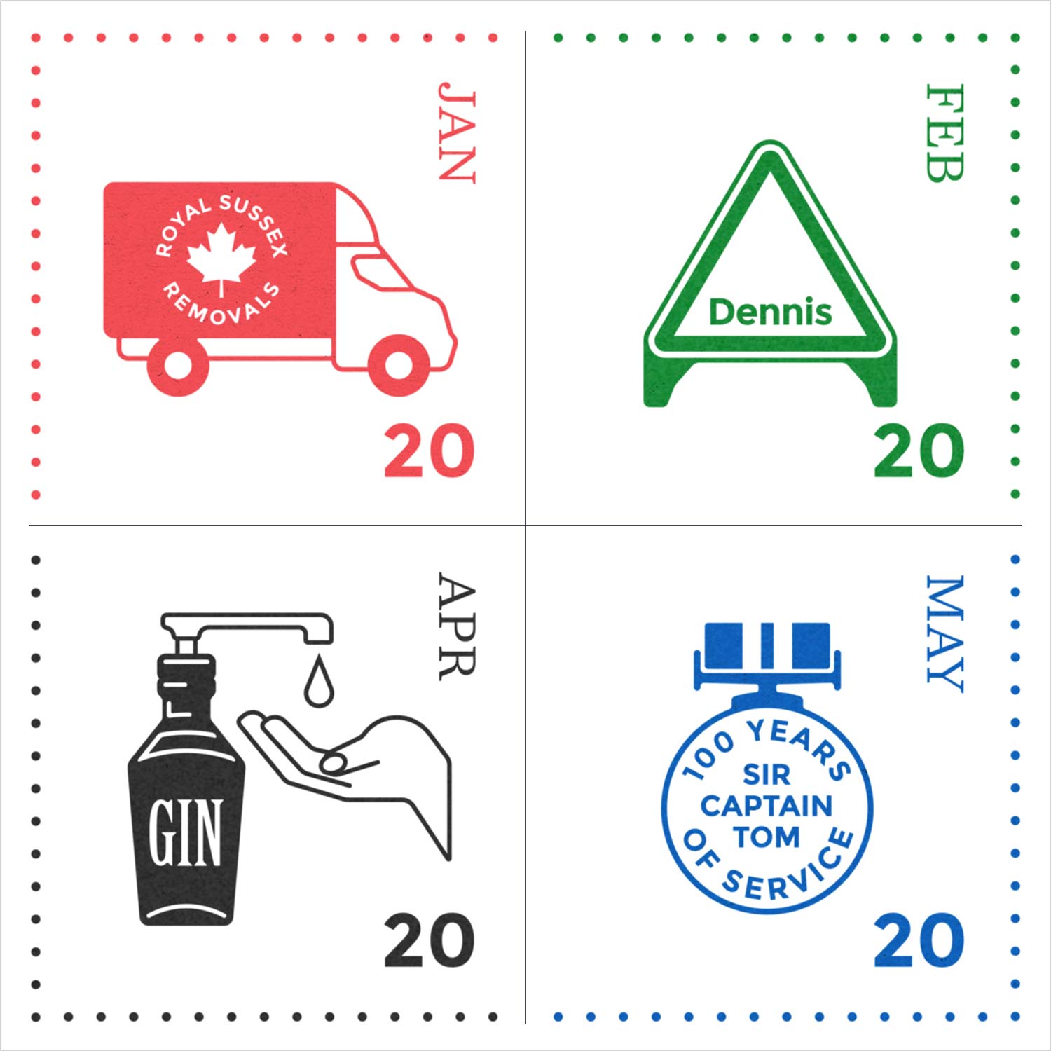 Four of month motifs rendered in the four available colours